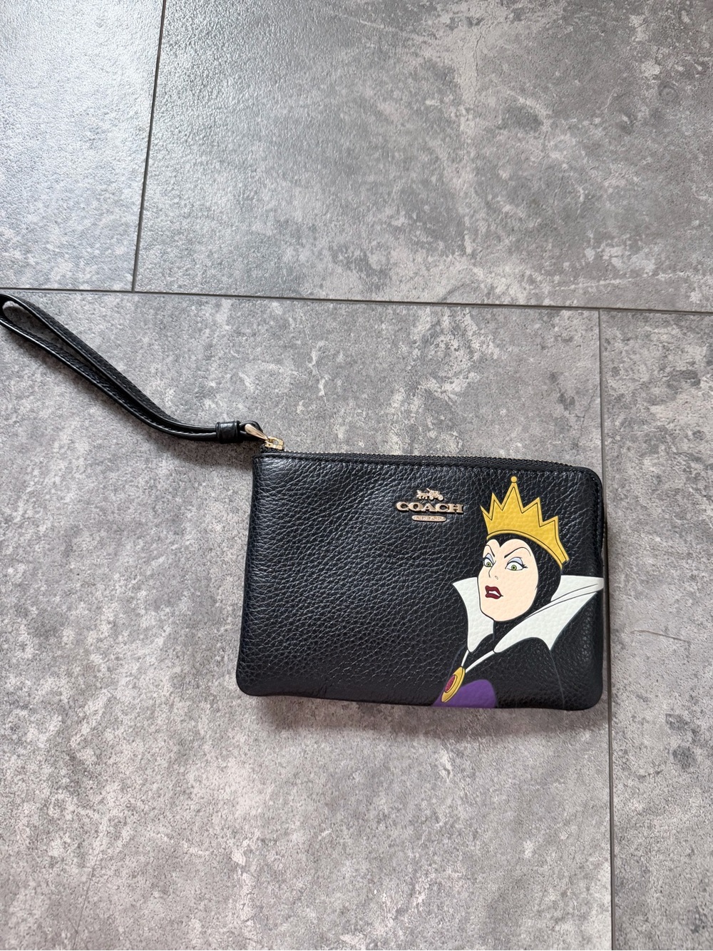 COACH Black Leather Wristlet with Evil Queen Artwork
